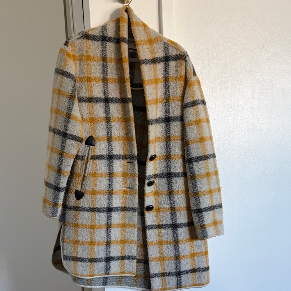 Isabel Marant Etoile: Plaid Wool-Blend Coat in Mustard and Gray: Bought in Milan